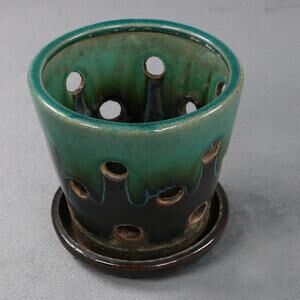 Vintage Handmade Ceramic Orchid Planter Pot w/ Drain Holes & Saucer Green Brown